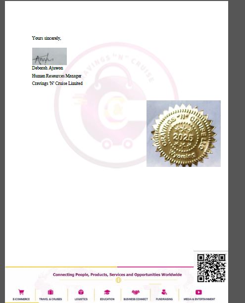 Signed and sealed sign-off — Deborah Ajuwon, Human Resources Manager, Cravings 'N' Cruise Limited
