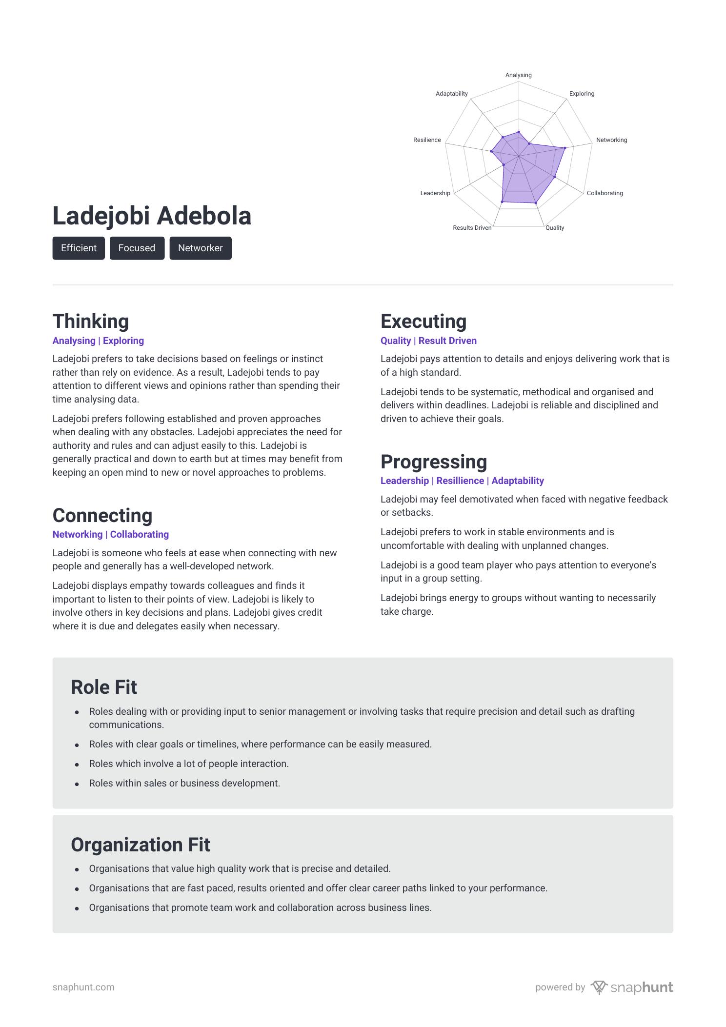 Ladejobi Adebola — Snaphunt psychometric report: Efficient, Focused, Networker