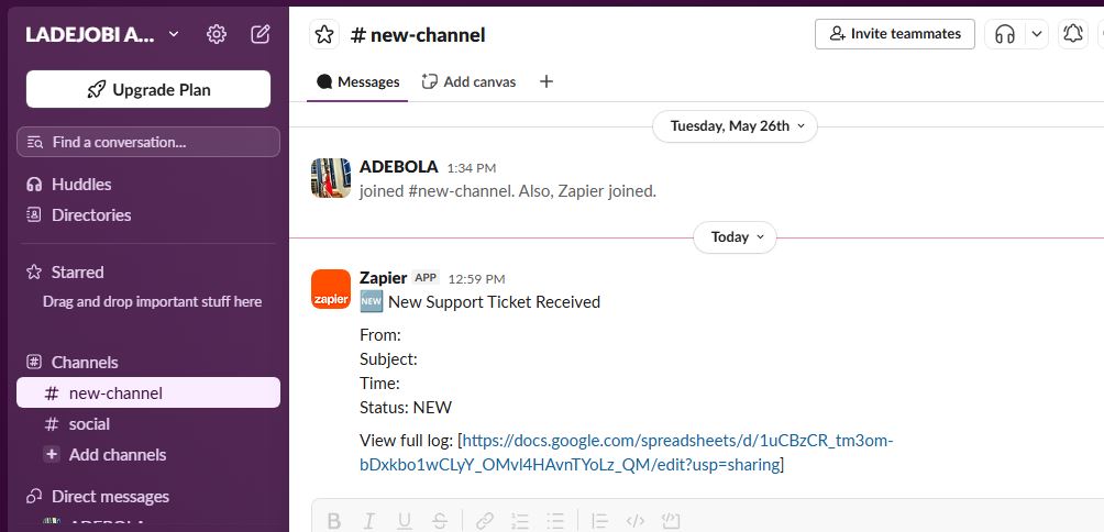 Slack #new-channel — Zapier posting 'New Support Ticket Received' alert with From, Subject, Time, Status and log link