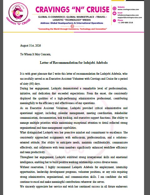 Letter of recommendation for Ladejobi Adebola from Deborah Ajuwon, HR Manager, Cravings 'N' Cruise — August 31, 2026